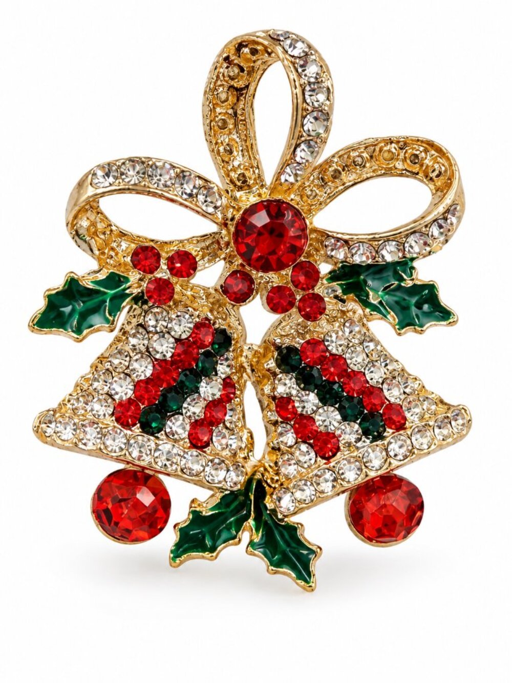 Festive Gold-Tone Red & Green Crystal Bell Brooch